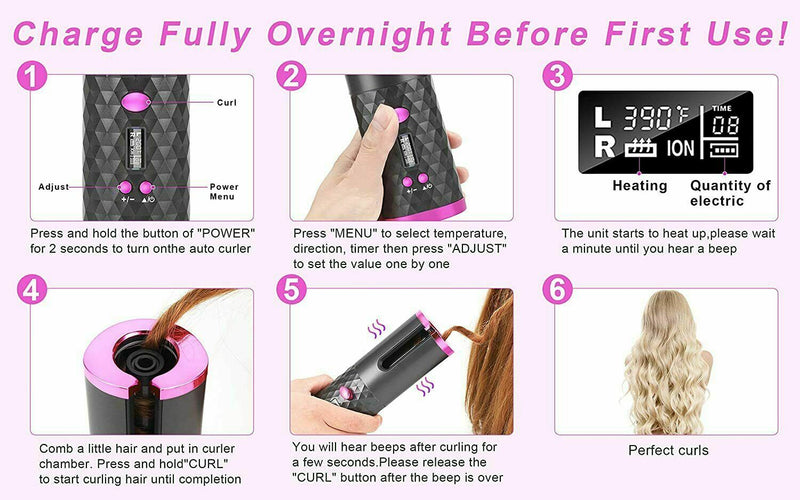 Auto Cordless Rotating Hair Curler Waver Curling Iron Wireless LCD Ceramic