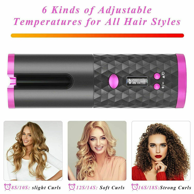 Auto Cordless Rotating Hair Curler Waver Curling Iron Wireless LCD Ceramic