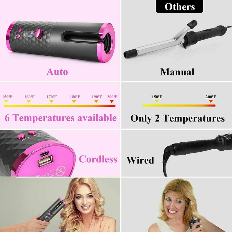 Auto Cordless Rotating Hair Curler Waver Curling Iron Wireless LCD Ceramic