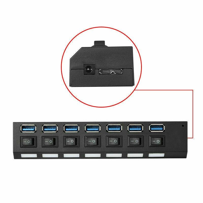 7 Port USB 3.0 HUB Powered +High Speed Splitter Extender PC AC Adapter Cable