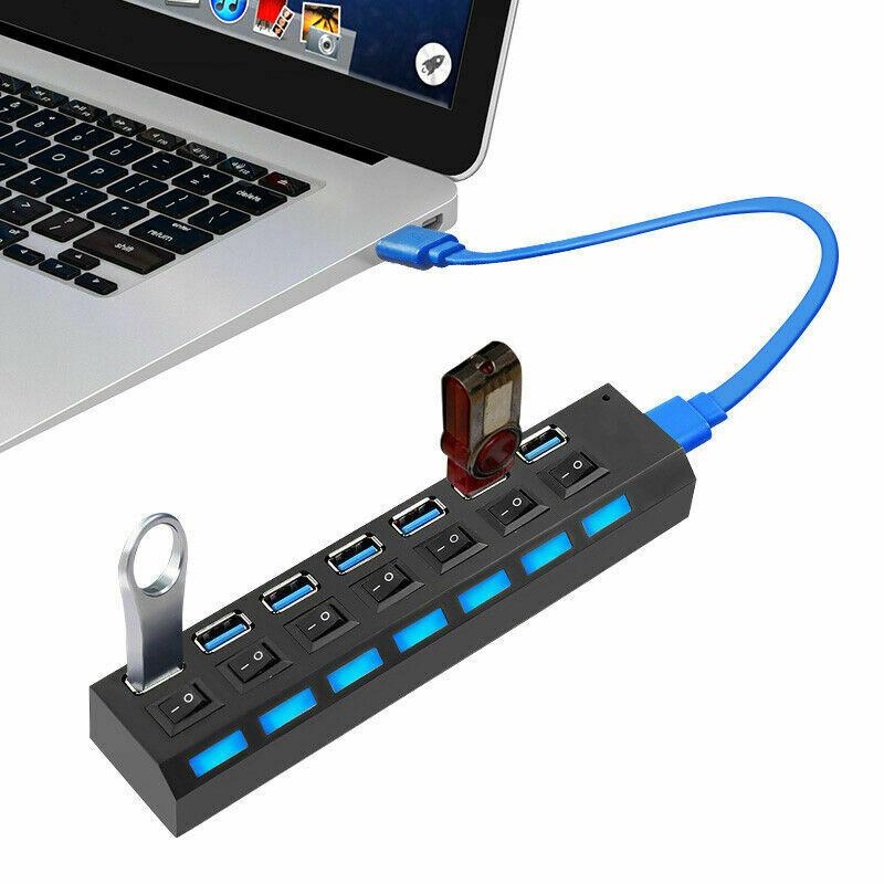 7 Port USB 3.0 HUB Powered +High Speed Splitter Extender PC AC Adapter Cable