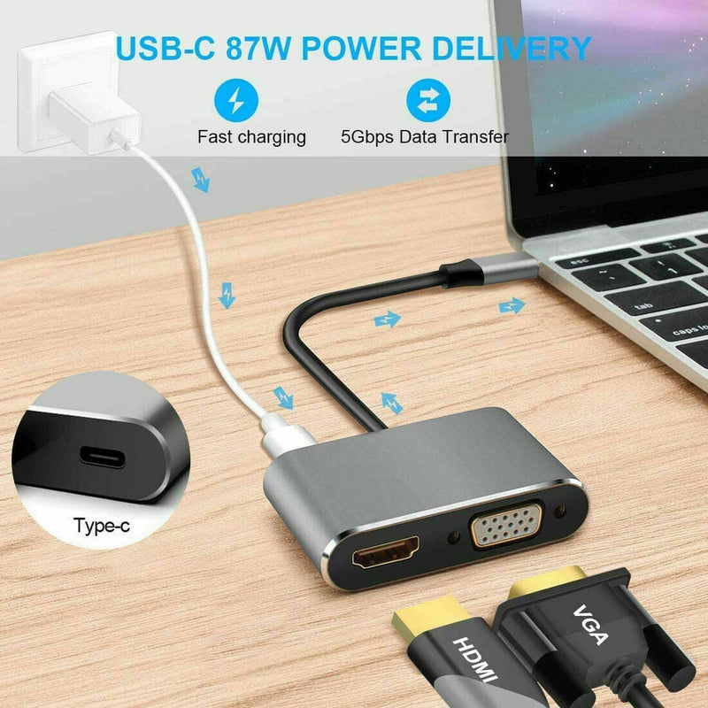 USB C to 4K HDMI VGA Multiport Adapter 4-in-1 Hub USB 3.0 Charging Power PD Port