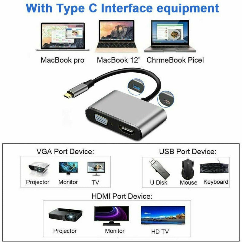 4 In 1 USB C Type-C To HDMI 4K VGA USB3.0 PD Video Adapter for MacBook/Phone