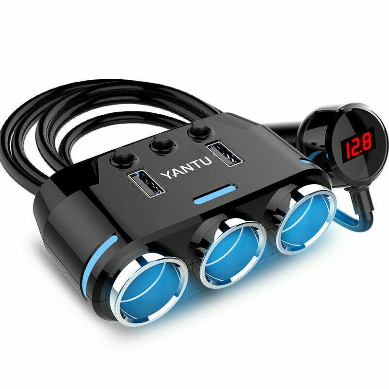 3 Port Car Cigarette Lighter Socket Splitter Adapter + Dual USB Fast Charger