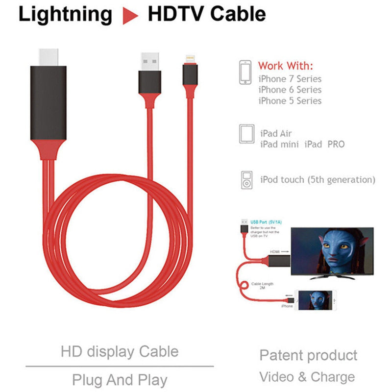 For iPhone To HDTV HDMI AV TV Adapter Video Output 2M Cable (RED)