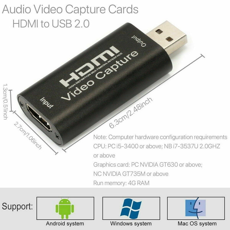 HDMI Video Capture Card USB 2.0/ HD 1080p Recorder for Game Video Live Streaming