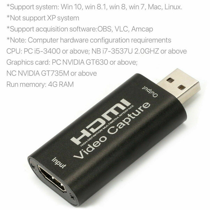 HDMI Video Capture Card USB 2.0/ HD 1080p Recorder for Game Video Live Streaming