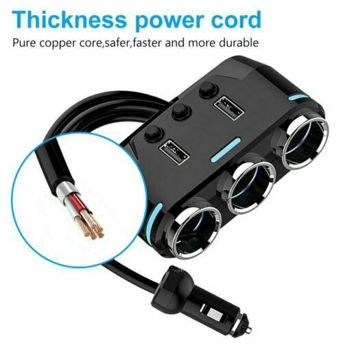 3 Port Car Cigarette Lighter Socket Splitter Adapter + Dual USB Fast Charger