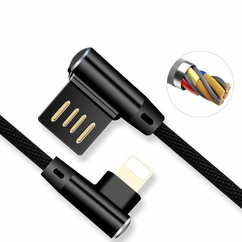 For iPhone 12 X 7 8 XS Braided 90 Degree Compact Cable USB Data Charger Cord