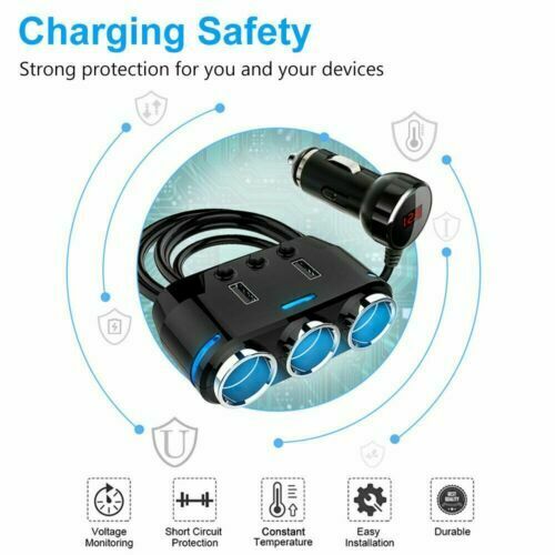 3 Port Car Cigarette Lighter Socket Splitter Adapter + Dual USB Fast Charger