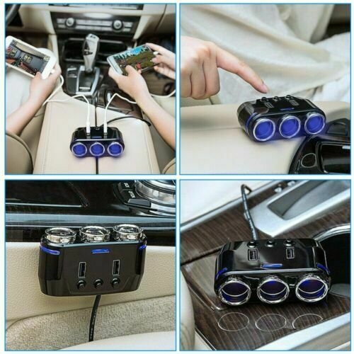 3 Port Car Cigarette Lighter Socket Splitter Adapter + Dual USB Fast Charger