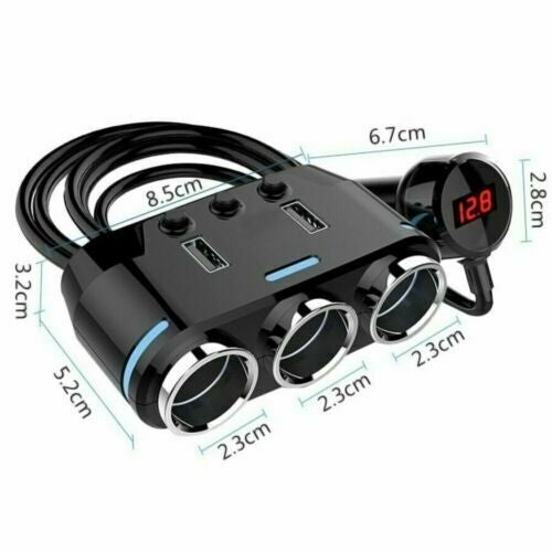 3 Port Car Cigarette Lighter Socket Splitter Adapter + Dual USB Fast Charger