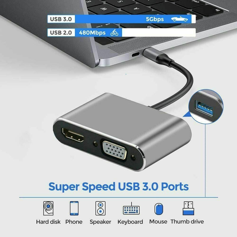 4 In 1 USB C Type-C To HDMI 4K VGA USB3.0 PD Video Adapter for MacBook/Phone