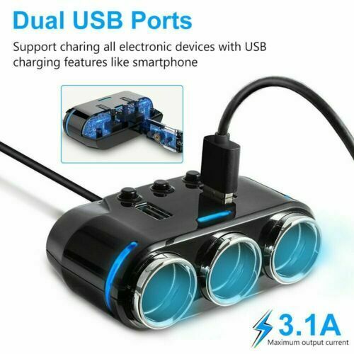 3 Port Car Cigarette Lighter Socket Splitter Adapter + Dual USB Fast Charger