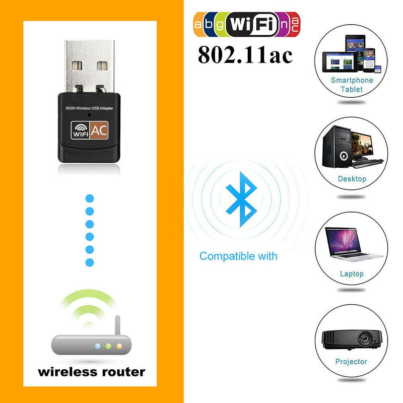 Dual Band 600Mbps USB WiFi Wireless Dongle AC600 Lan Network Adapter 2.4GHz 5GHz