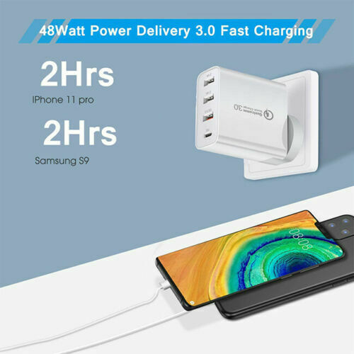 Fast Charging Charger QC3.0 48W PD USB Type C Hub Wall Plug Travel Adapter 4port