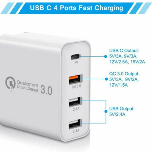 Fast Charging Charger QC3.0 48W PD USB Type C Hub Wall Plug Travel Adapter 4port