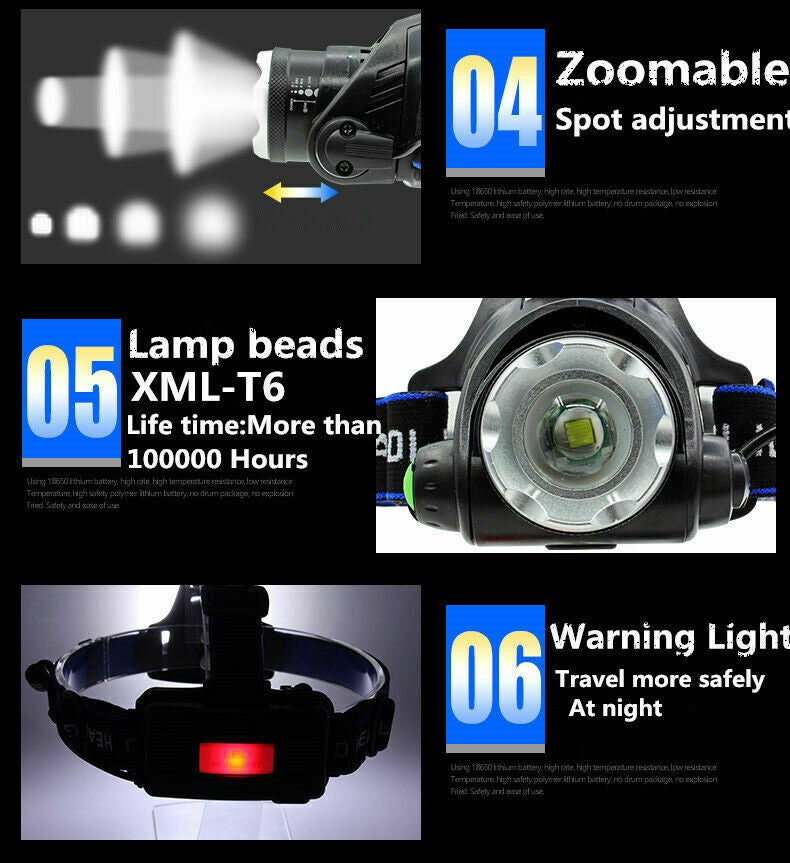 LED Outdoor Headlamp Camping Headlight Flashlight Head Torch Light Rechargeable